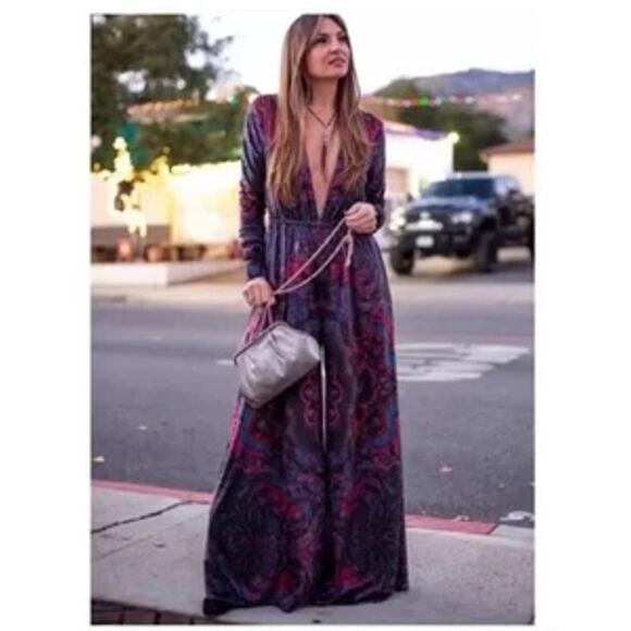 Free People Pants - Free People Jumpsuit Womens Small Giselle Velvet Wide Leg Boho Paisley VNeck